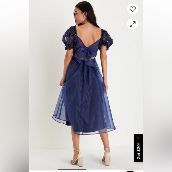 Lulus Significant Splendor Navy Organza Pleated Puff Sleeve Midi Dress size S - Picture 4 of 8